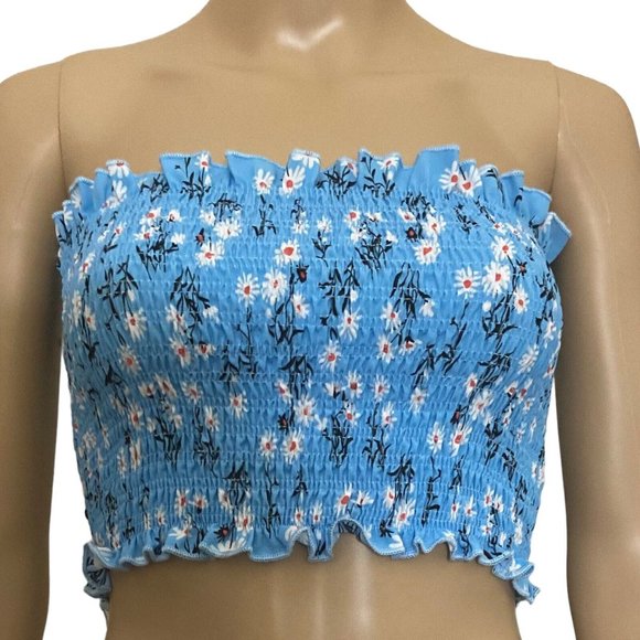 Romwe Cropped Tube Top Womens Juniors Small Strapless Blue Floral Ruched Stretch - Picture 1 of 3
